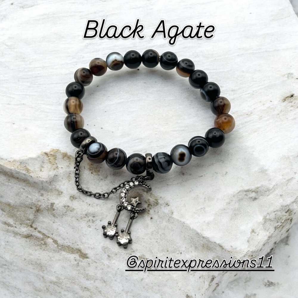 Black Agate Beaded Bracelet with Charm